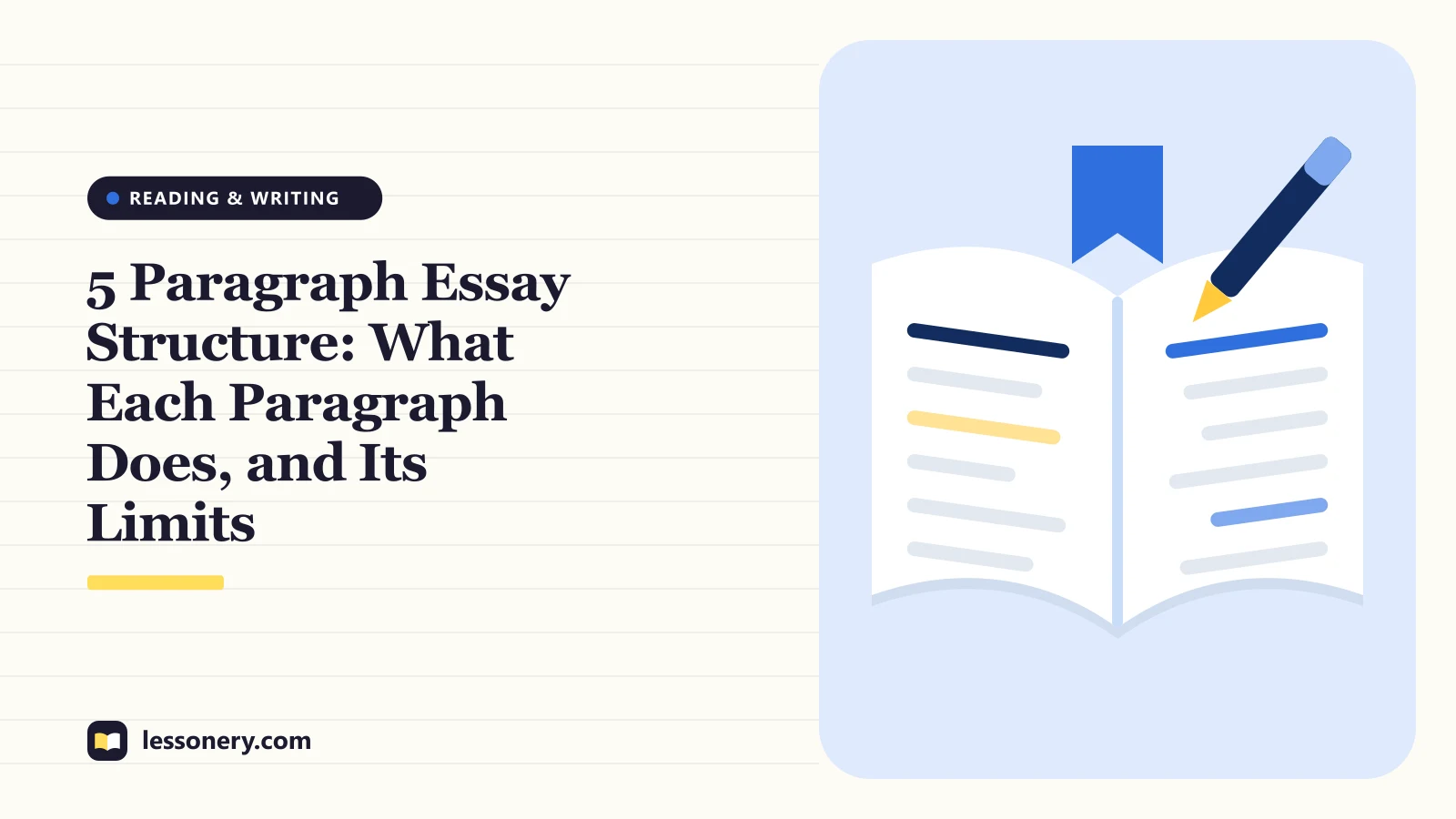 Illustration of an open book with a highlighted line and a pen for a guide to the 5 paragraph essay structure
