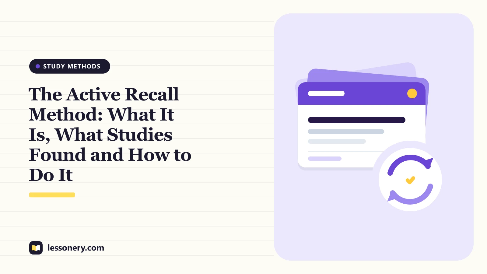 Illustration of a stack of flashcards with a review loop and a check mark for a guide to the active recall method