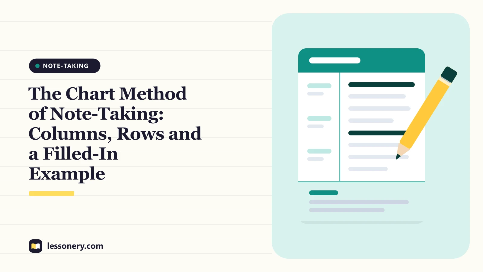 Illustration of a notebook page with a cue column and a pencil for a guide to the chart method of note taking