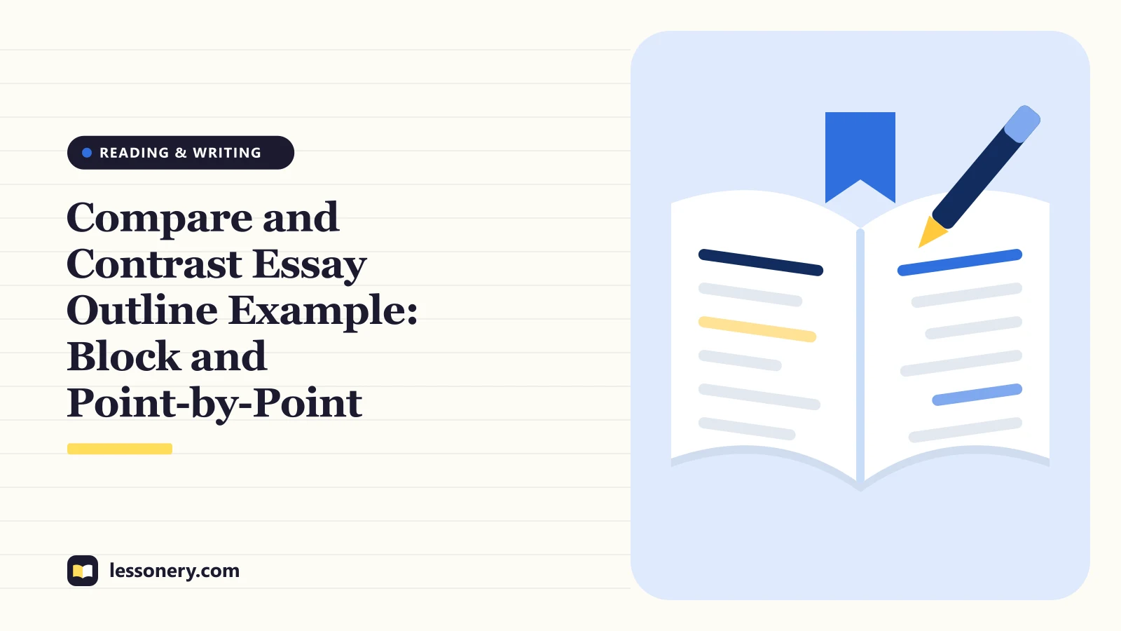 Illustration of an open book with a highlighted line and a pen for a compare and contrast essay outline example