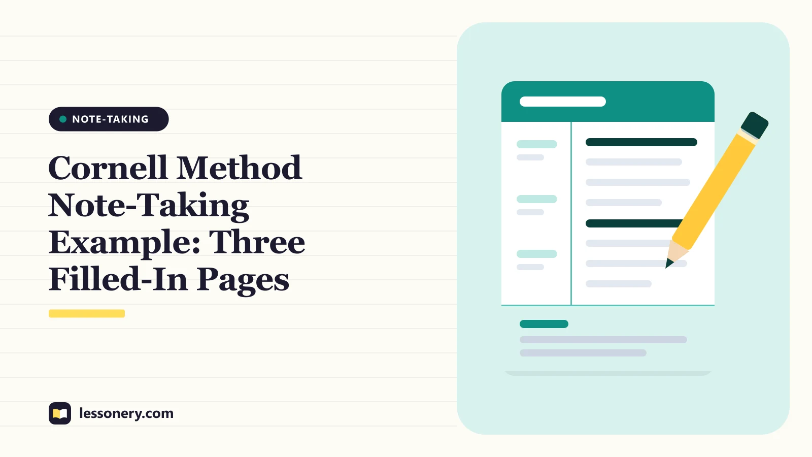 Illustration of a notebook page with a cue column and a pencil for a Cornell method note taking example