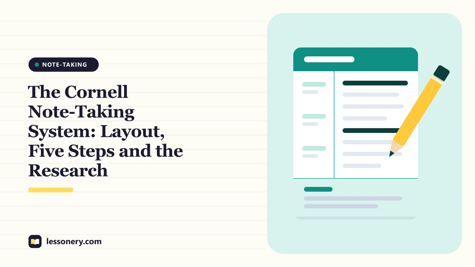 Illustration of a notebook page with a cue column and a pencil for a guide to the Cornell note taking system