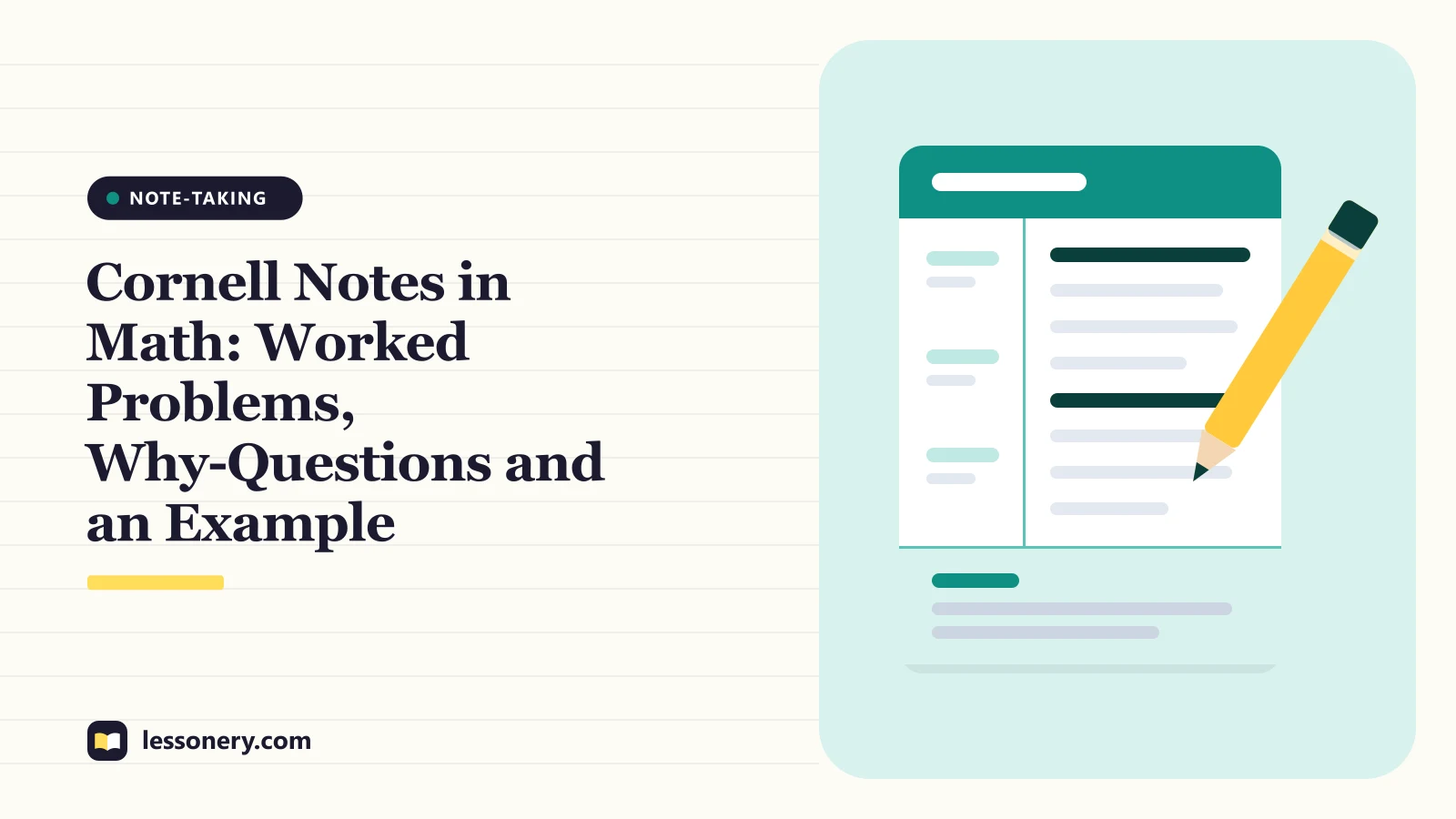Illustration of a notebook page with a cue column and a pencil for a guide to Cornell notes in math