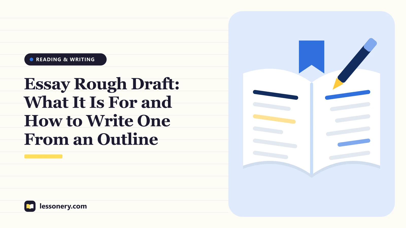 Illustration of an open book with a highlighted line and a pen for a guide to writing an essay rough draft