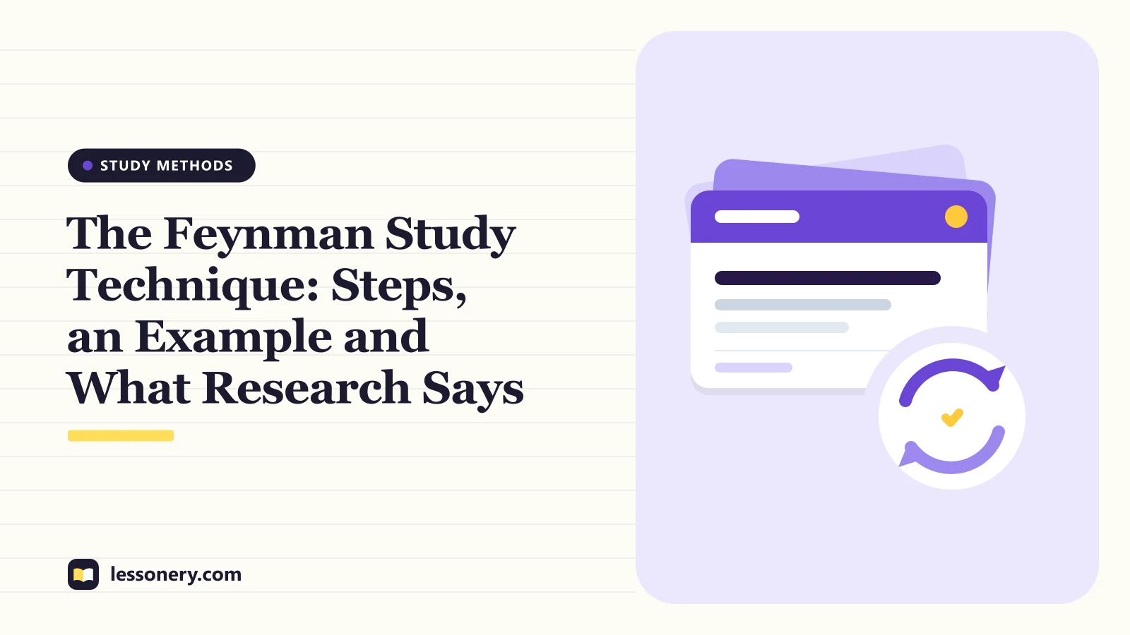 Illustration of flashcards with a review loop and a check mark for a guide to the Feynman study technique