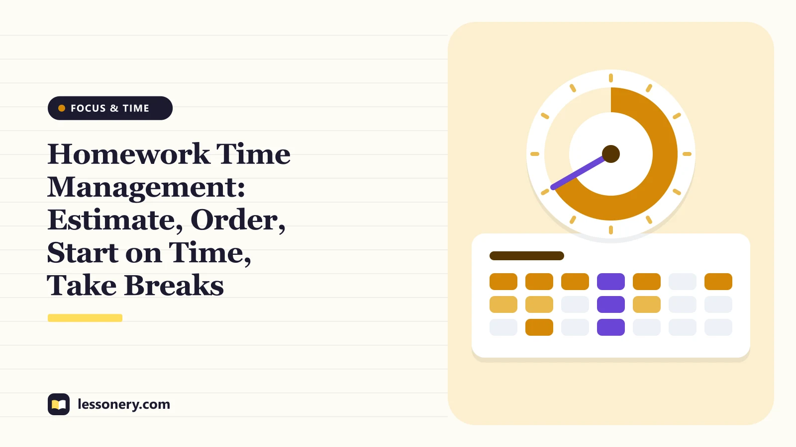 Illustration of a timer dial above a week of study blocks for a guide to homework time management