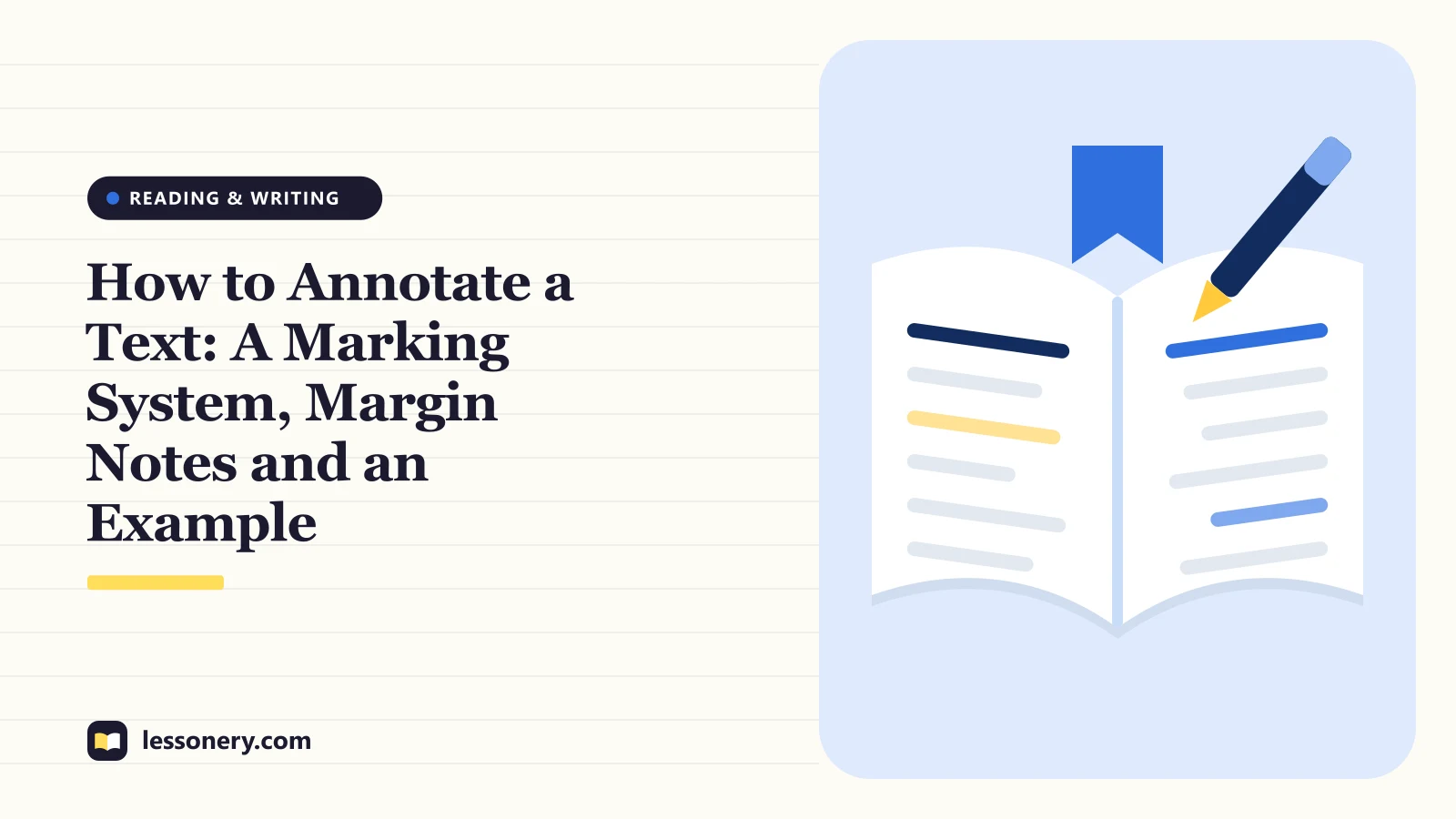 Illustration of an open book with a highlighted line, a bookmark and a pen for a guide on how to annotate a text