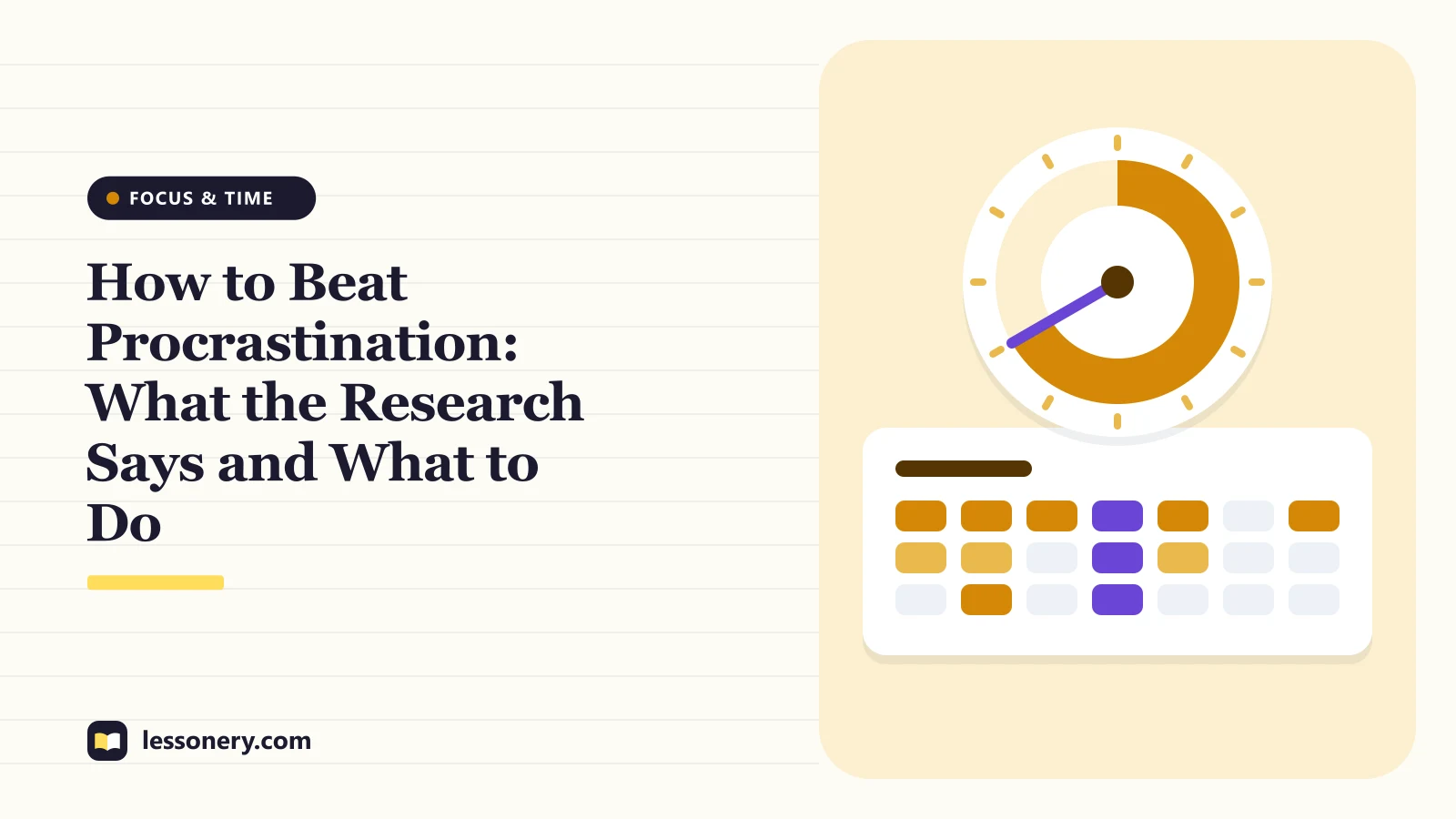 Illustration of a timer dial above a week of study blocks for a guide on how to beat procrastination