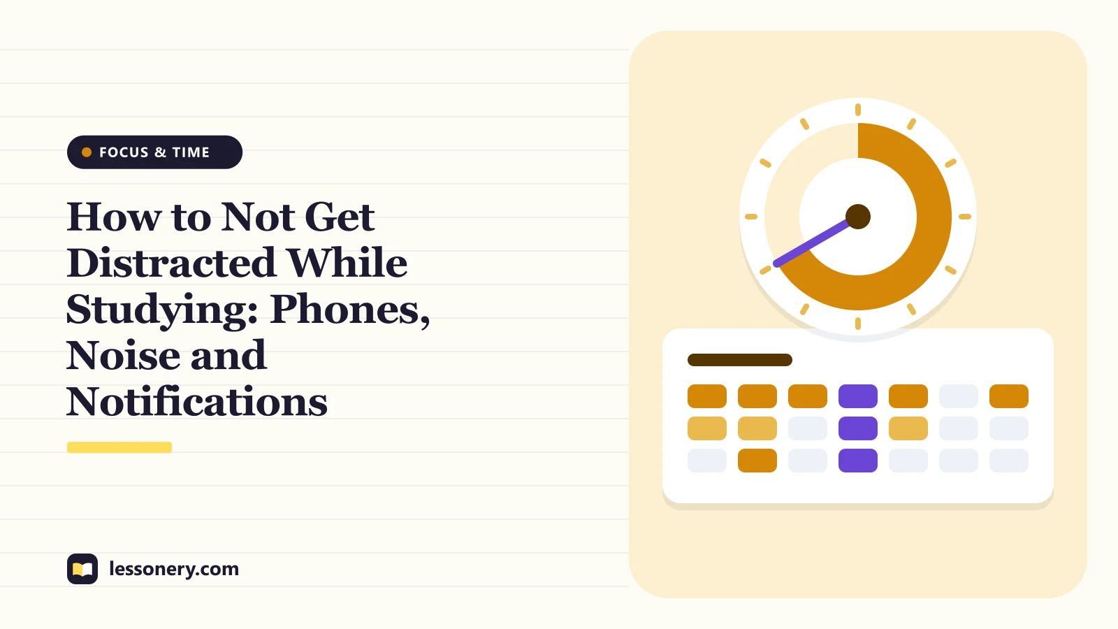Illustration of a timer dial above a week of study blocks for a guide on how to not get distracted while studying