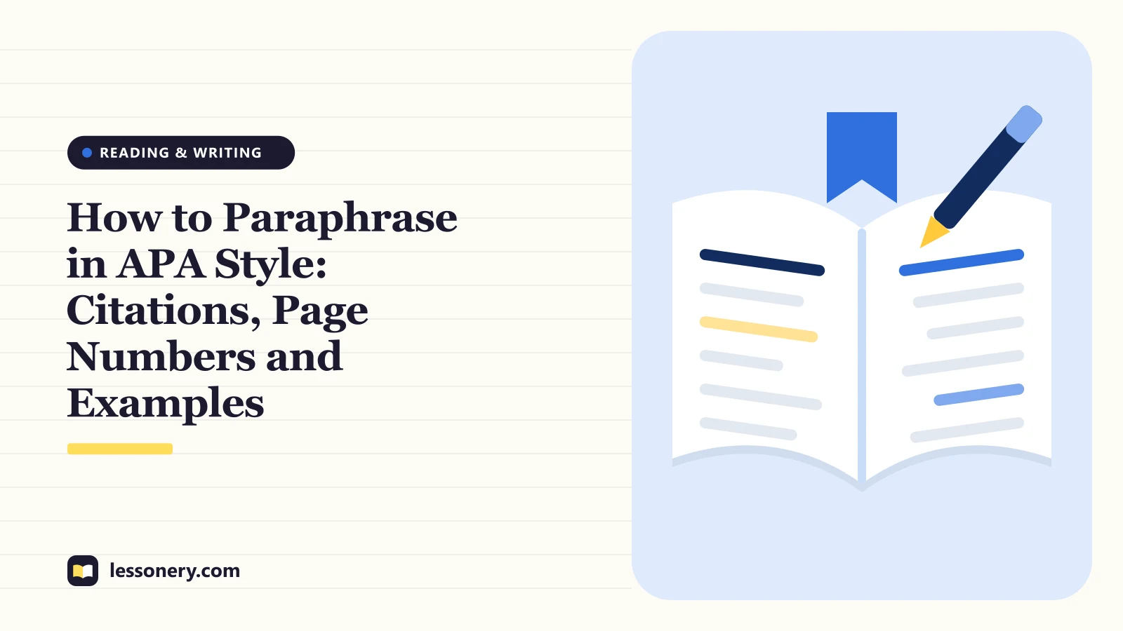 Illustration of an open book with a highlighted line and a pen for a guide on how to paraphrase in APA Style