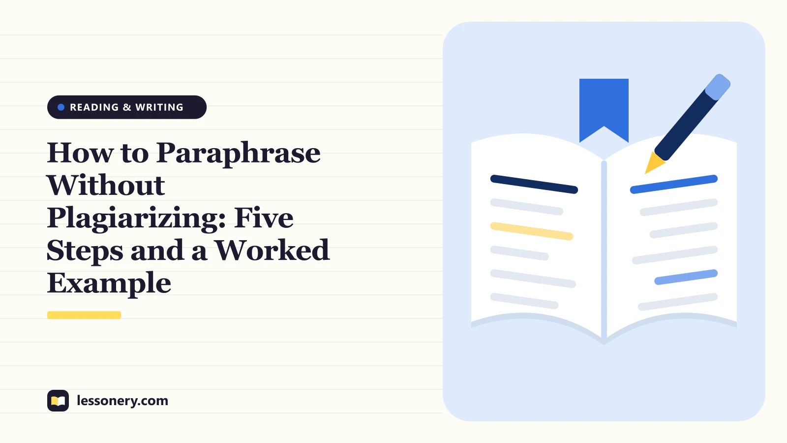 Illustration of an open book with a highlighted line and a pen for a guide on how to paraphrase without plagiarizing