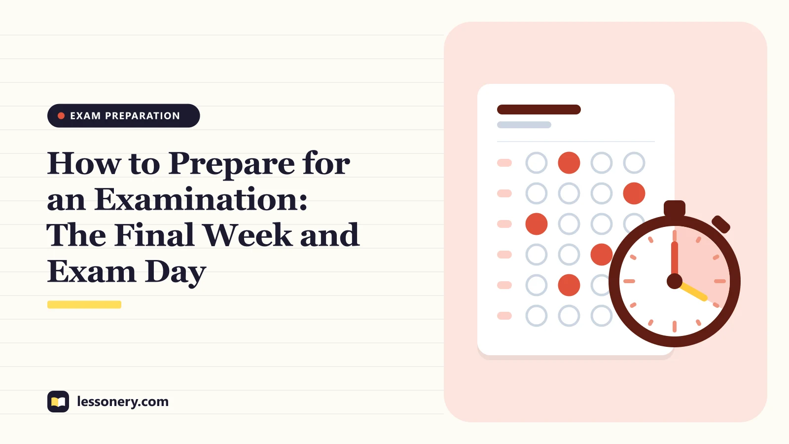 Illustration of an answer sheet and a stopwatch for a guide on how to prepare for an examination
