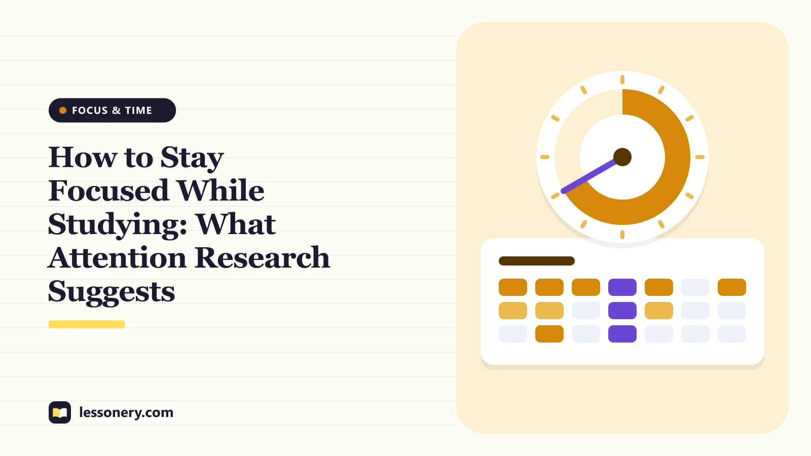 Illustration of a timer dial above a week of study blocks for a guide on how to stay focused while studying