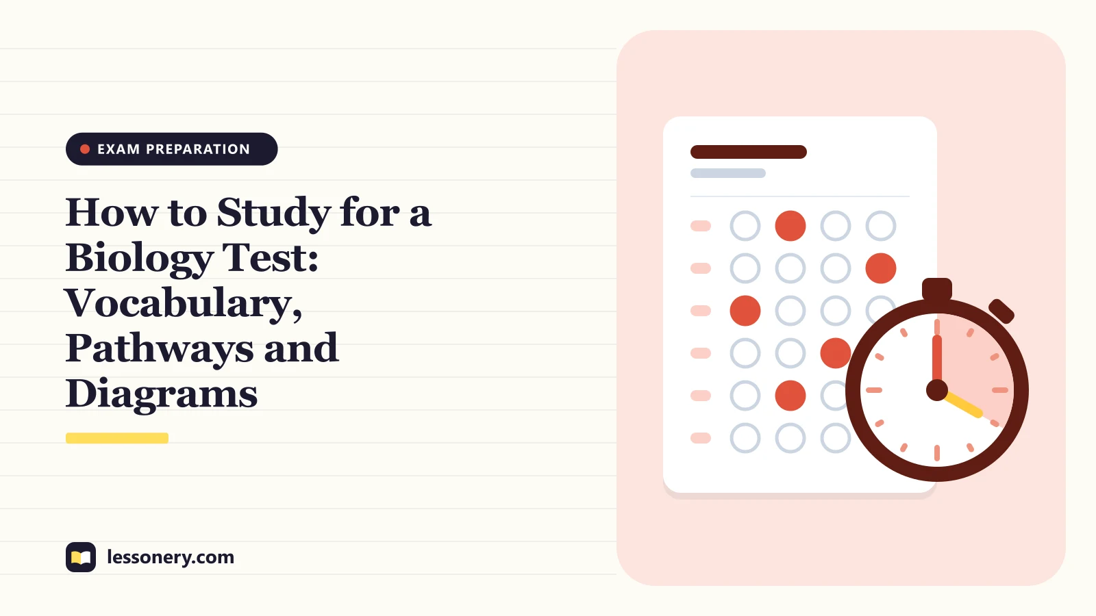 Illustration of an answer sheet with filled bubbles and a stopwatch for a guide on how to study for a biology test