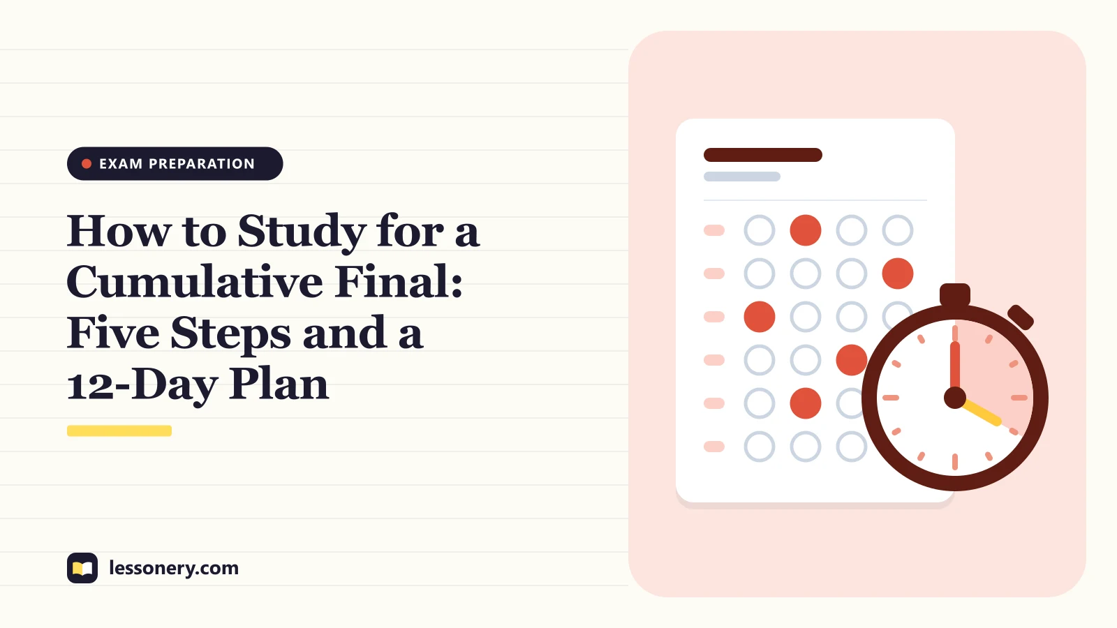 Illustration of an answer sheet with filled bubbles and a stopwatch for a guide on how to study for a cumulative final
