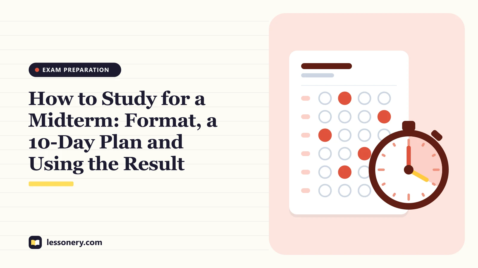Illustration of an answer sheet with filled bubbles and a stopwatch for a guide on how to study for a midterm
