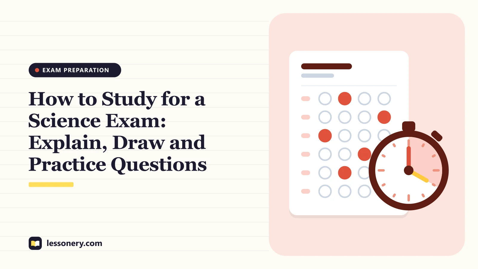 Illustration of an answer sheet with filled bubbles and a stopwatch for a guide on how to study for a science exam