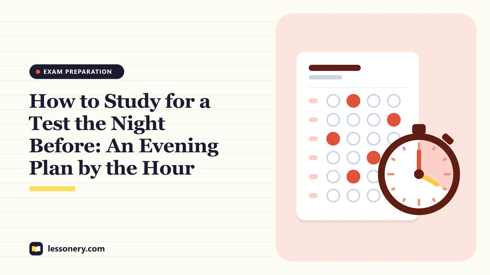 Illustration of an answer sheet and a stopwatch for a guide on how to study for a test the night before