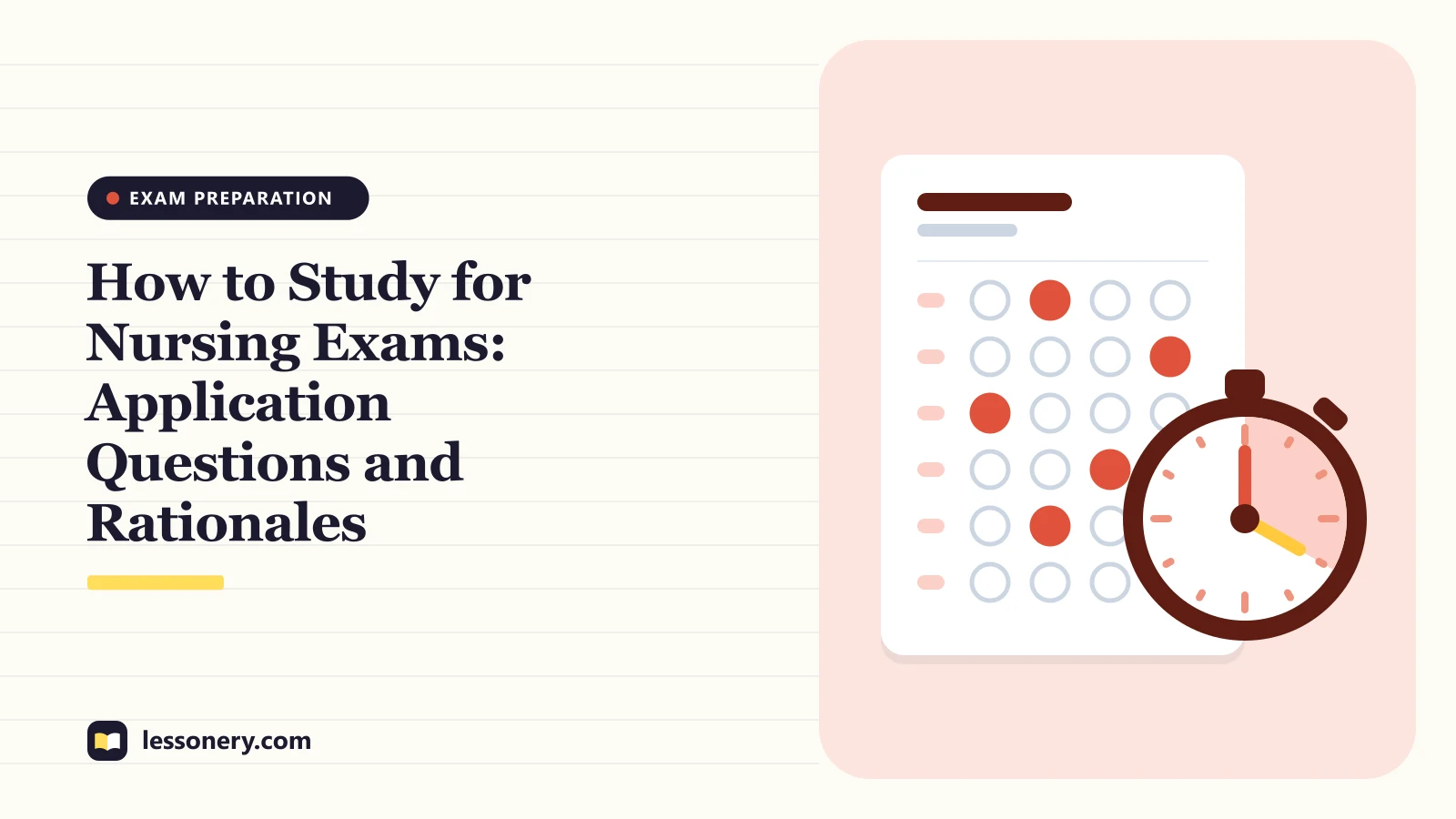 Illustration of an answer sheet and a stopwatch for a guide on how to study for nursing exams
