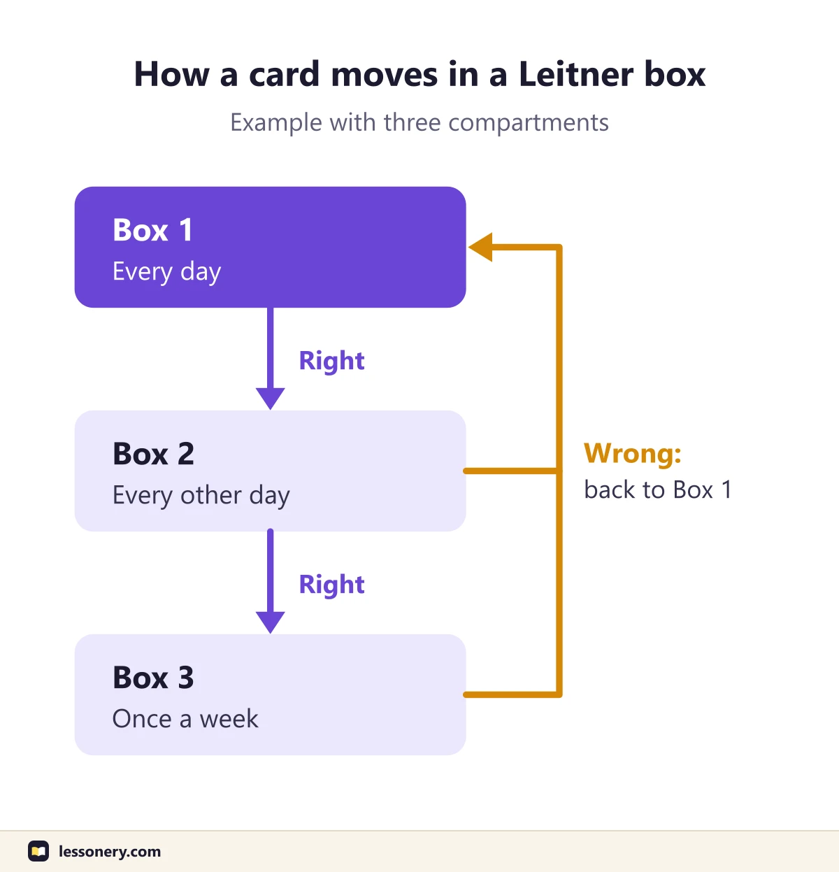 Diagram of a Leitner box with three compartments: Box 1 reviewed every day, Box 2 every other day and Box 3 once a week, with a correct card moving down to the next box and a wrong card going back to Box 1