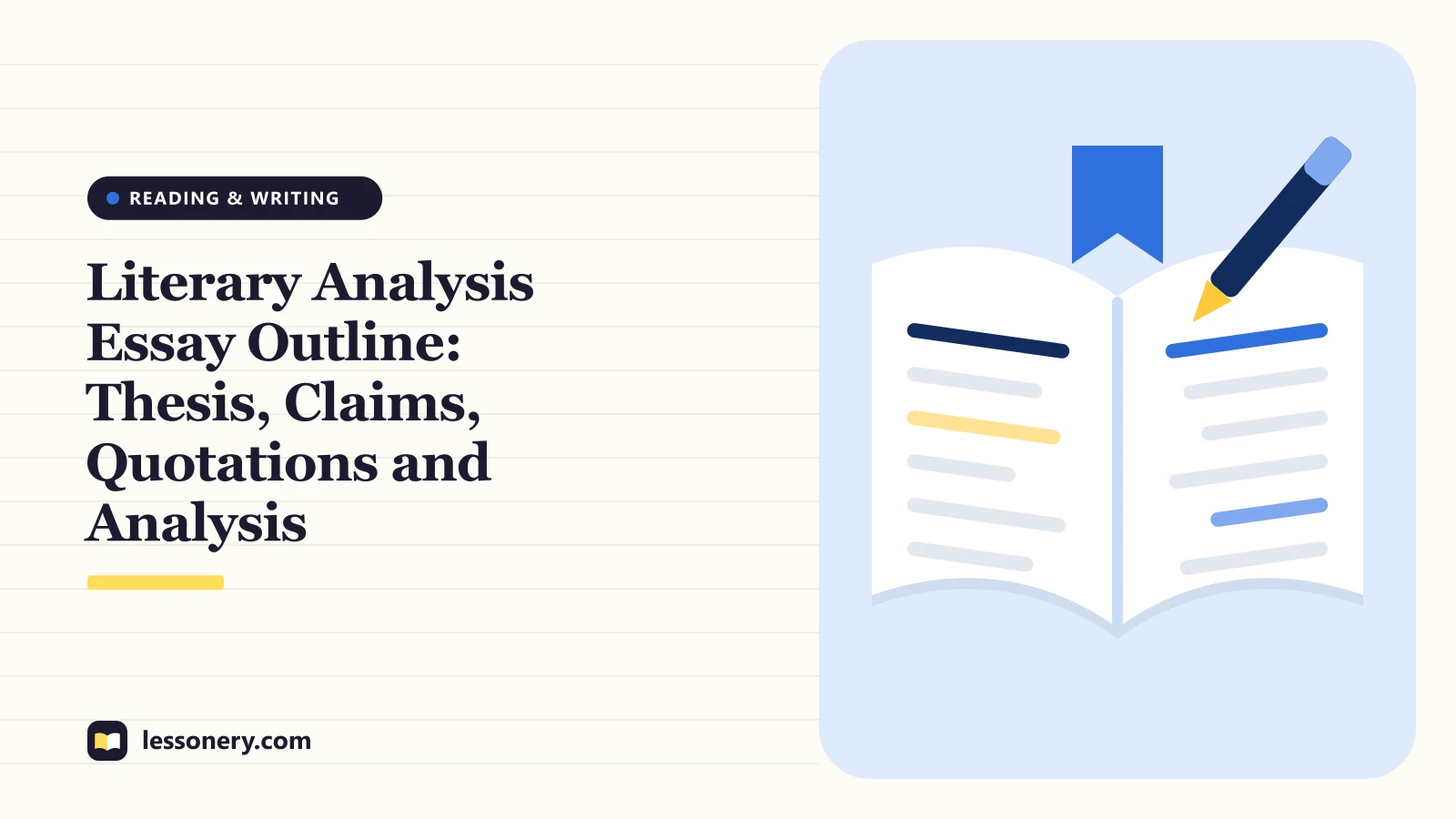 Illustration of an open book with a highlighted line and a pen for a guide to the literary analysis essay outline