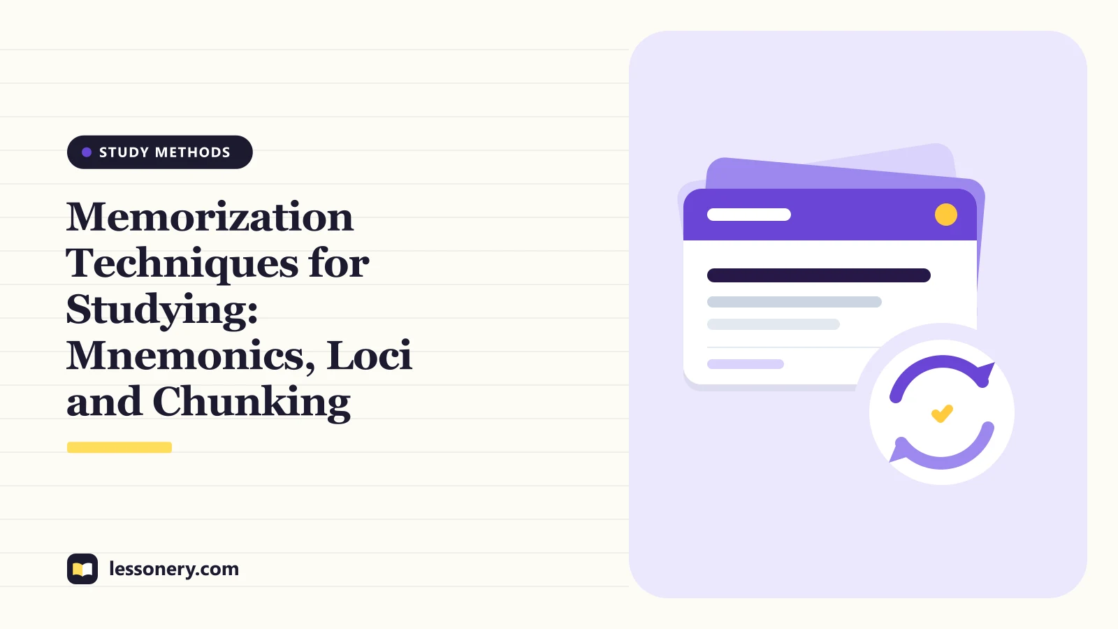 Illustration of a stack of flashcards with a review loop and a check mark for a guide to memorization techniques for studying