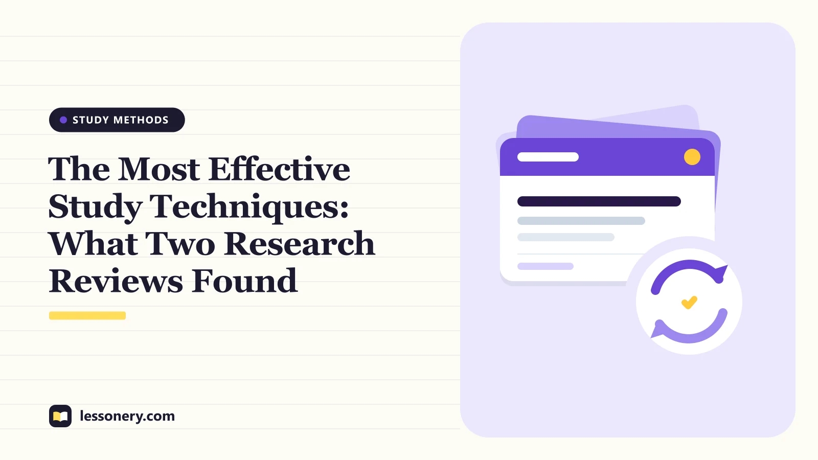 Illustration of a stack of flashcards with a review loop and a check mark for an overview of the most effective study techniques