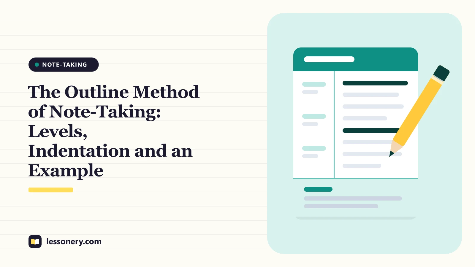 Illustration of a notebook page and a pencil for a guide to the outline method of note taking