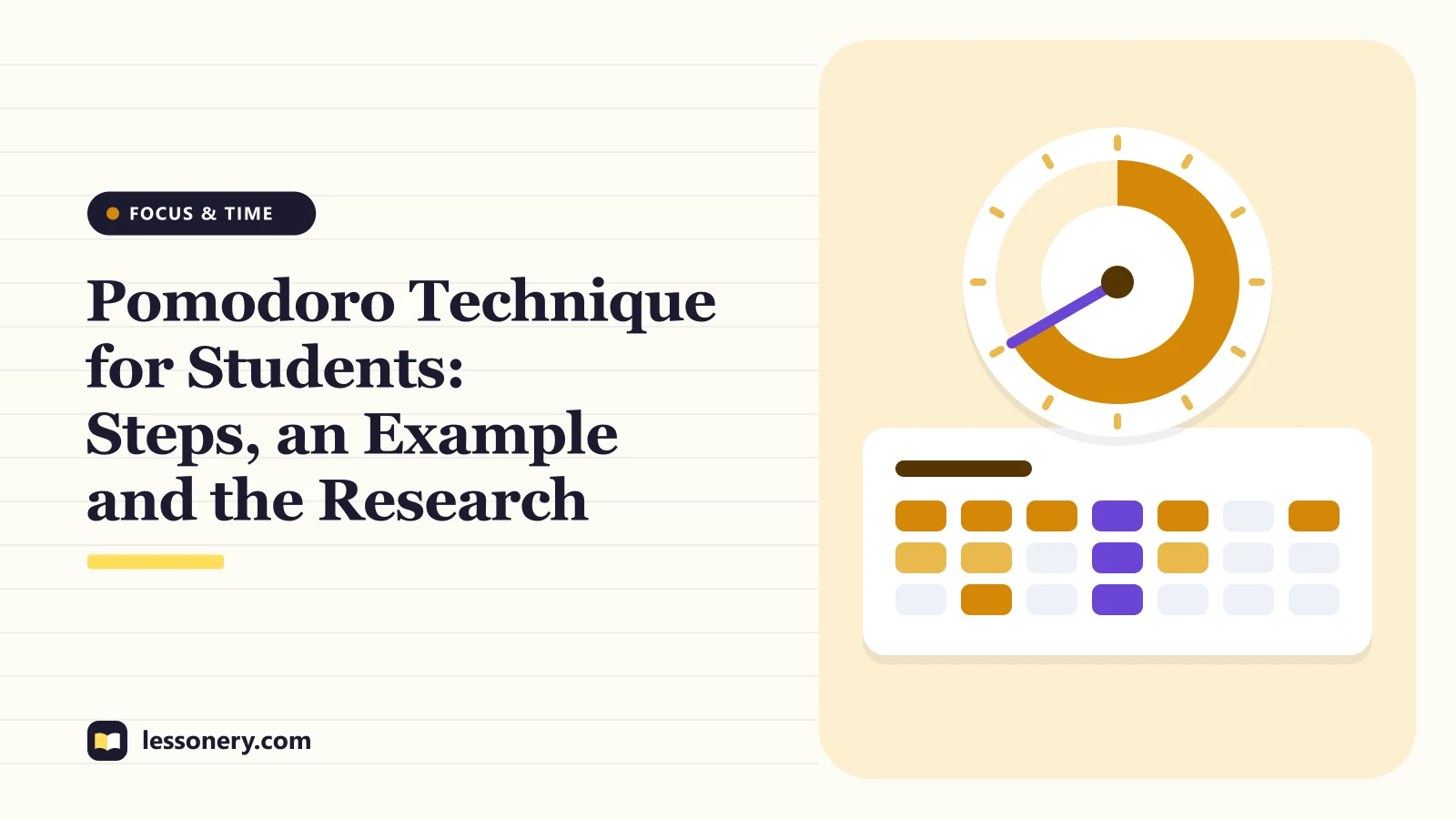 Illustration of a timer dial above a week of study blocks for a guide to the Pomodoro Technique for students