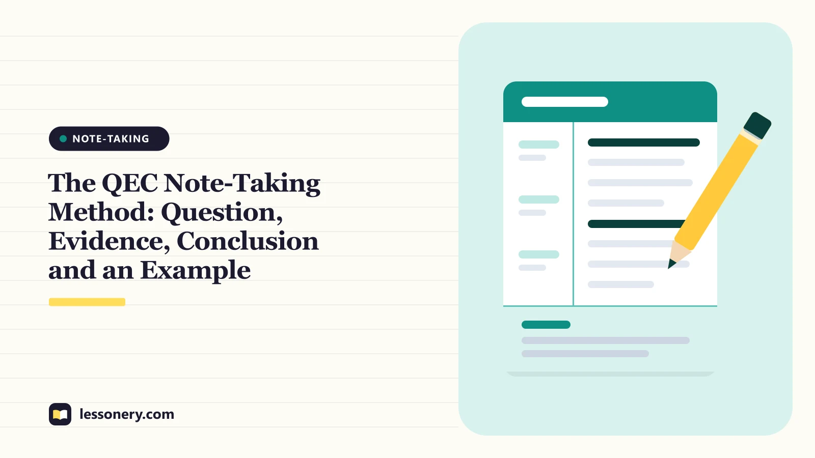 Illustration of a notebook page and a pencil for a guide to the QEC note taking method