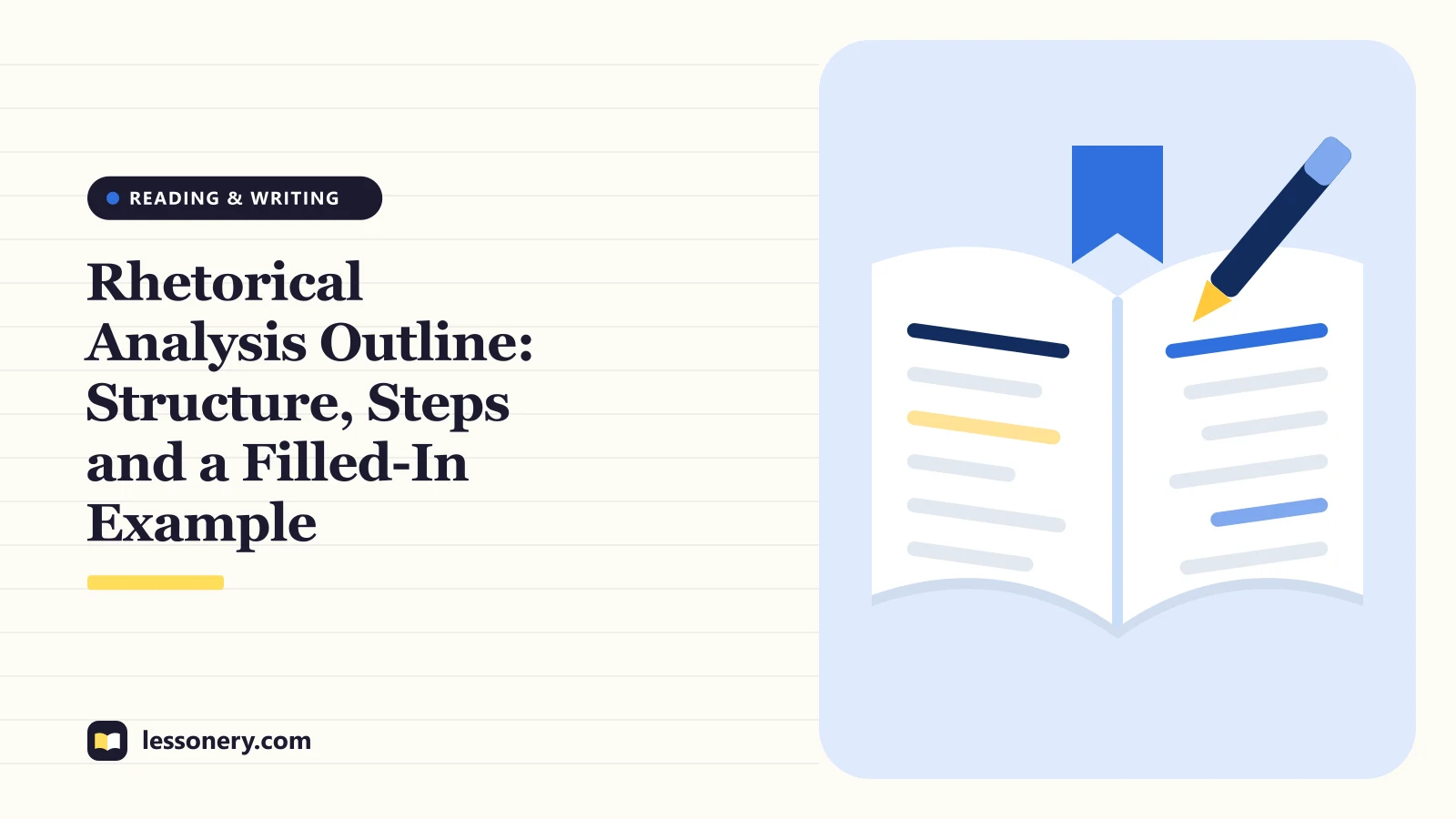 Illustration of an open book with a highlighted line and a pen for a guide to building a rhetorical analysis outline