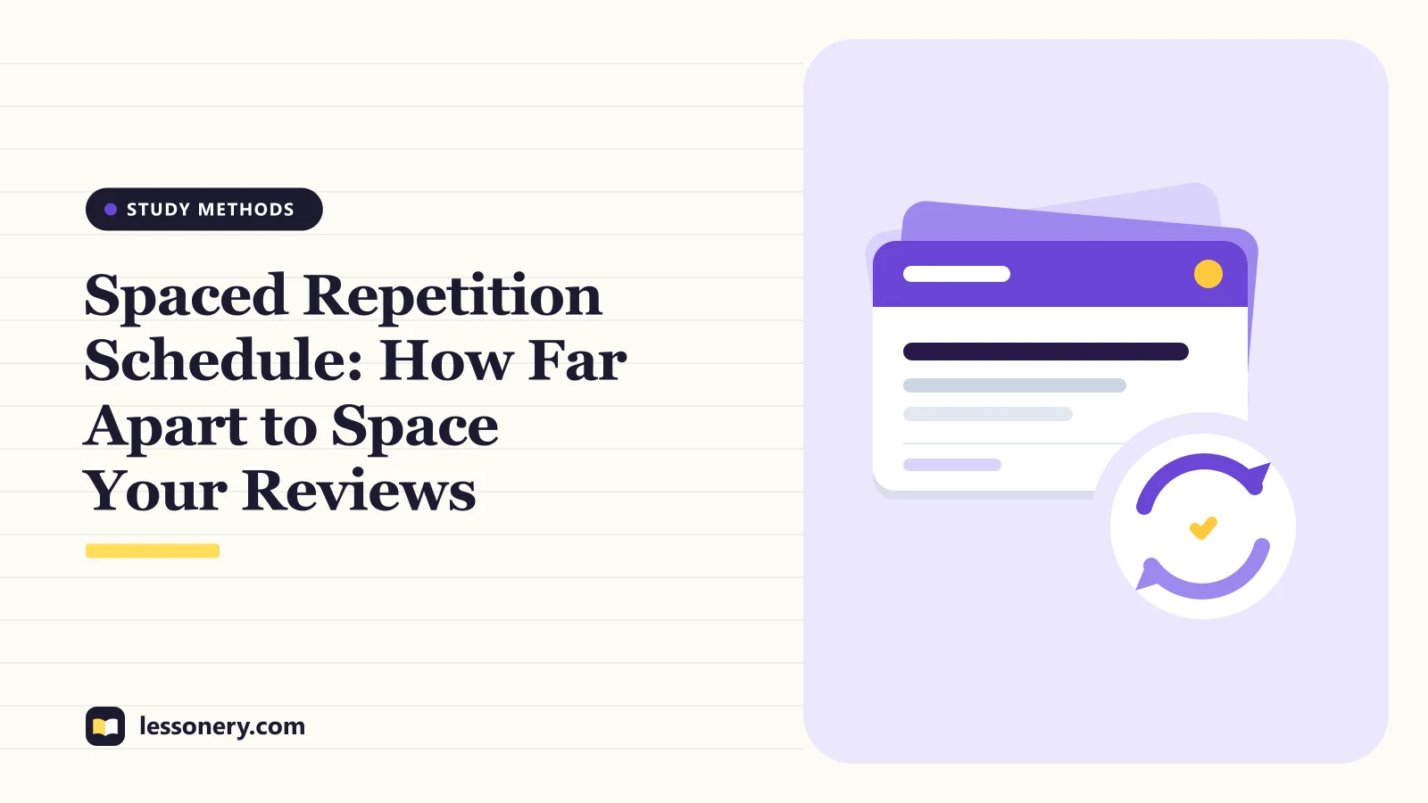 Illustration of flashcards with a review loop and a check mark for a guide to building a spaced repetition schedule