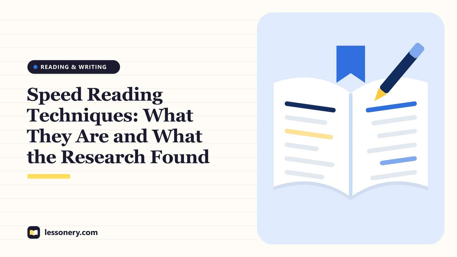 Illustration of an open book with a highlighted line, a bookmark and a pen for a guide to speed reading techniques