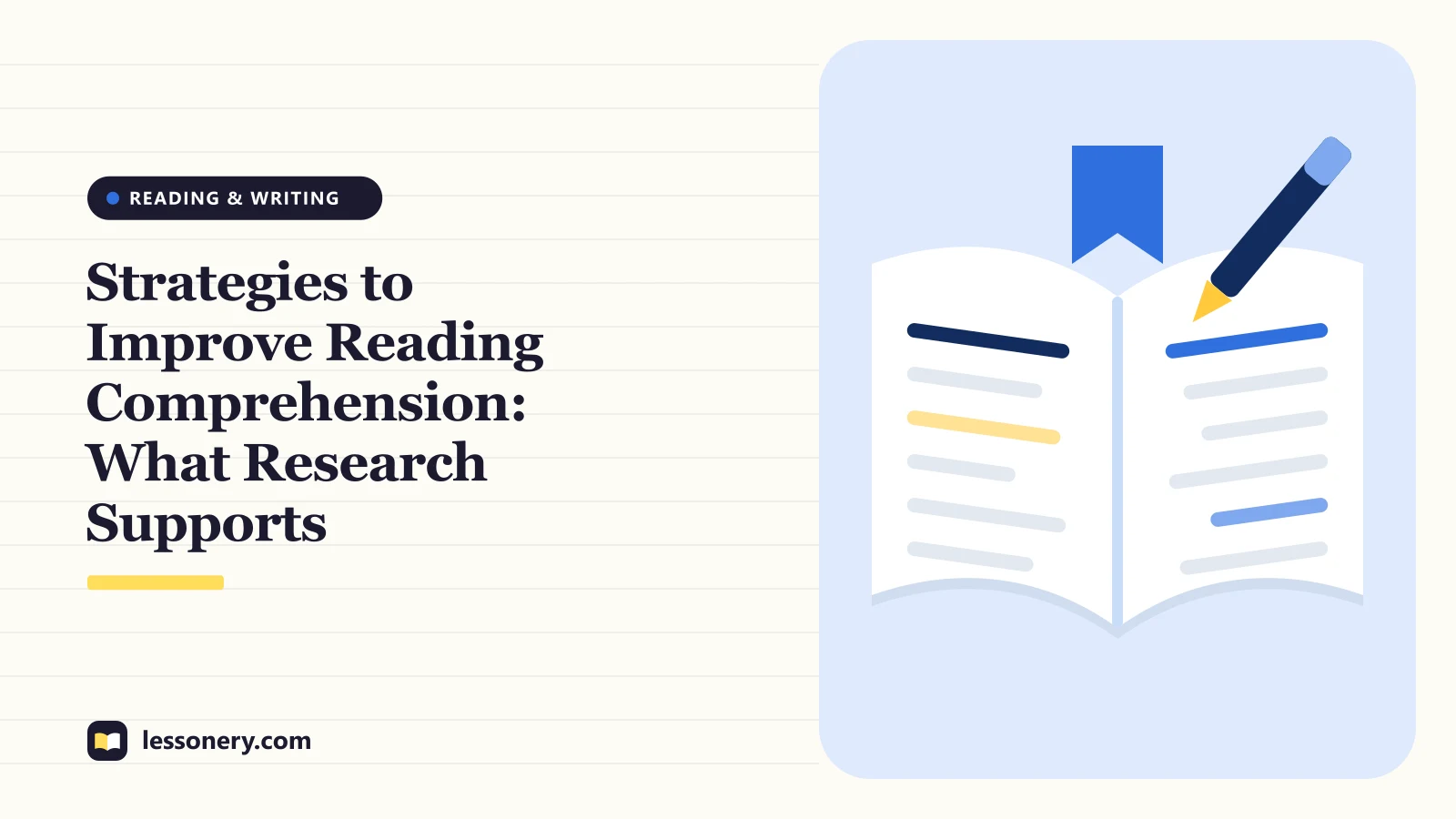 Illustration of an open book with a highlighted line, a bookmark and a pen for a guide to strategies to improve reading comprehension