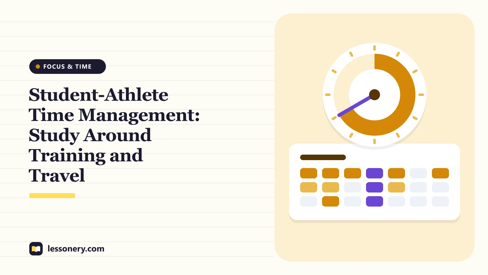Illustration of a timer dial above a week of study blocks for a guide to student-athlete time management