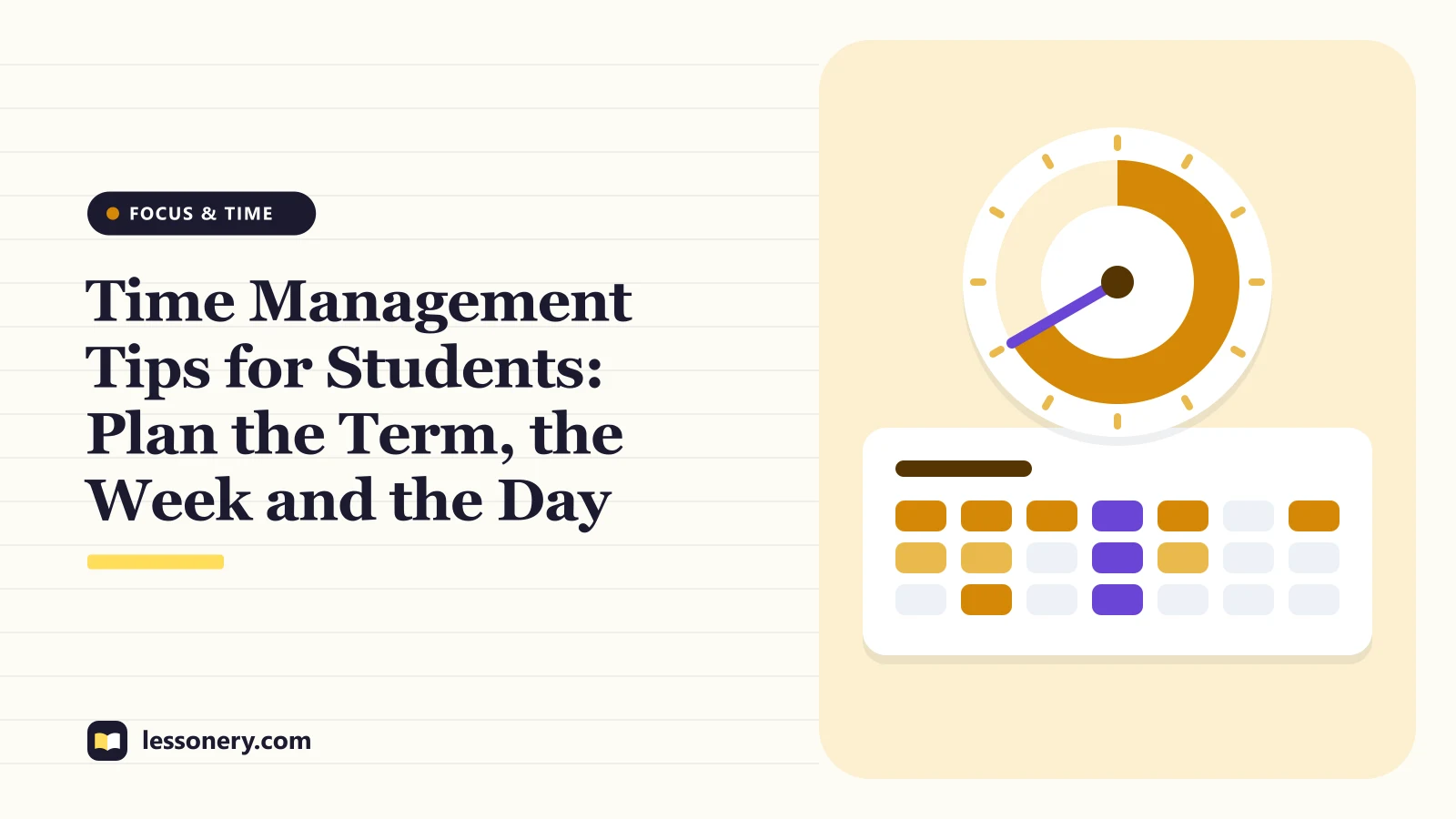 Illustration of a timer dial above a week of study blocks for an article of time management tips for students
