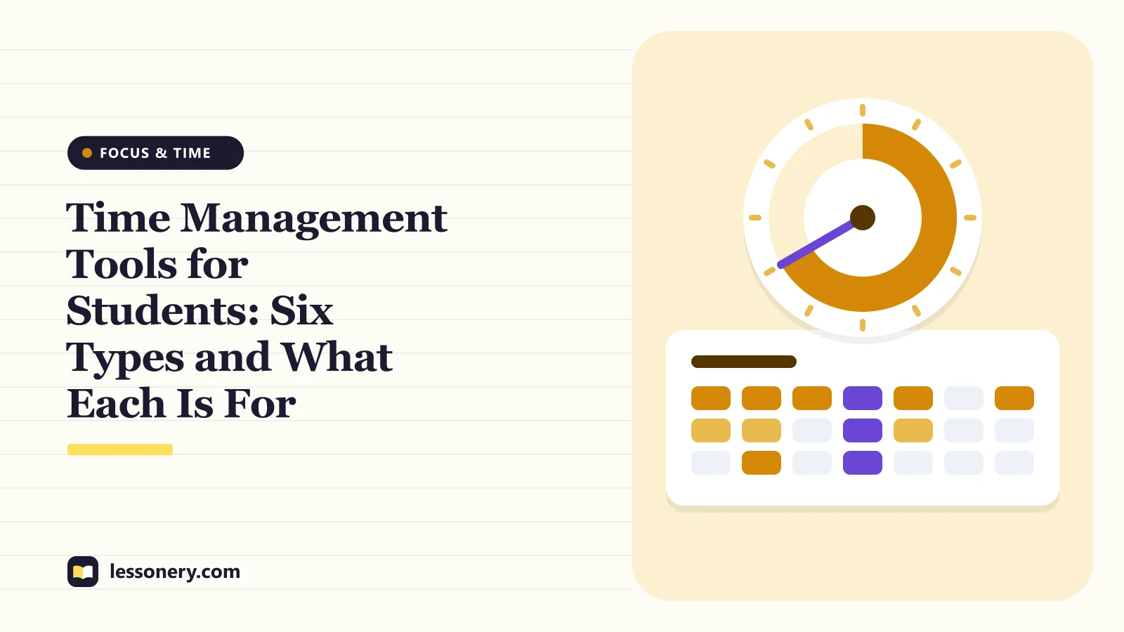 Illustration of a timer dial above a week of study blocks for a guide to time management tools for students