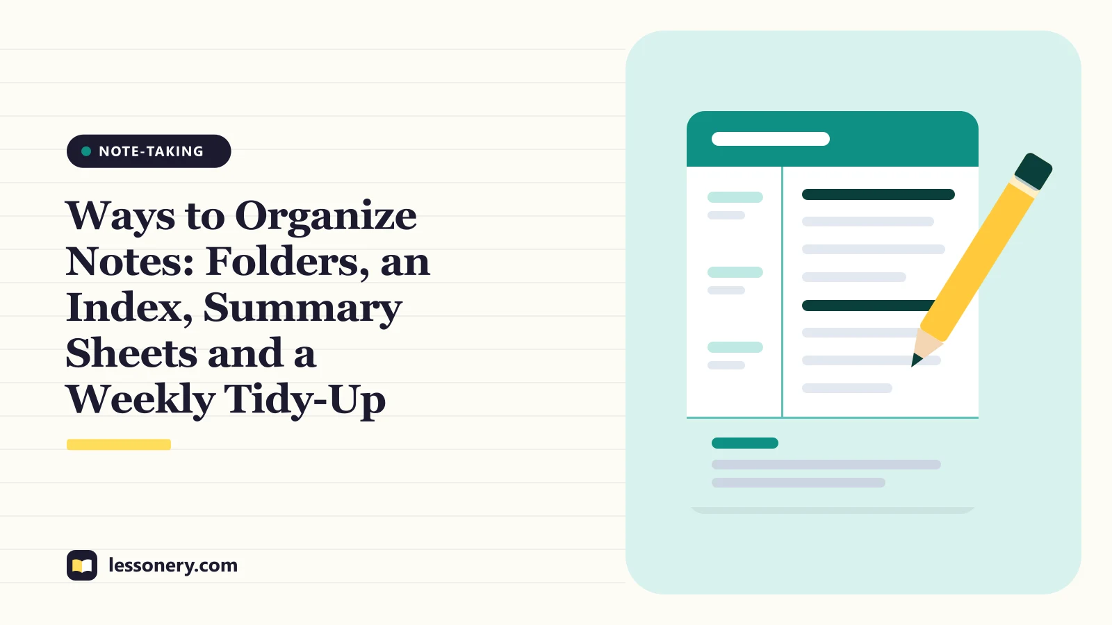 Illustration of a notebook page and pencil for a guide to ways to organize notes