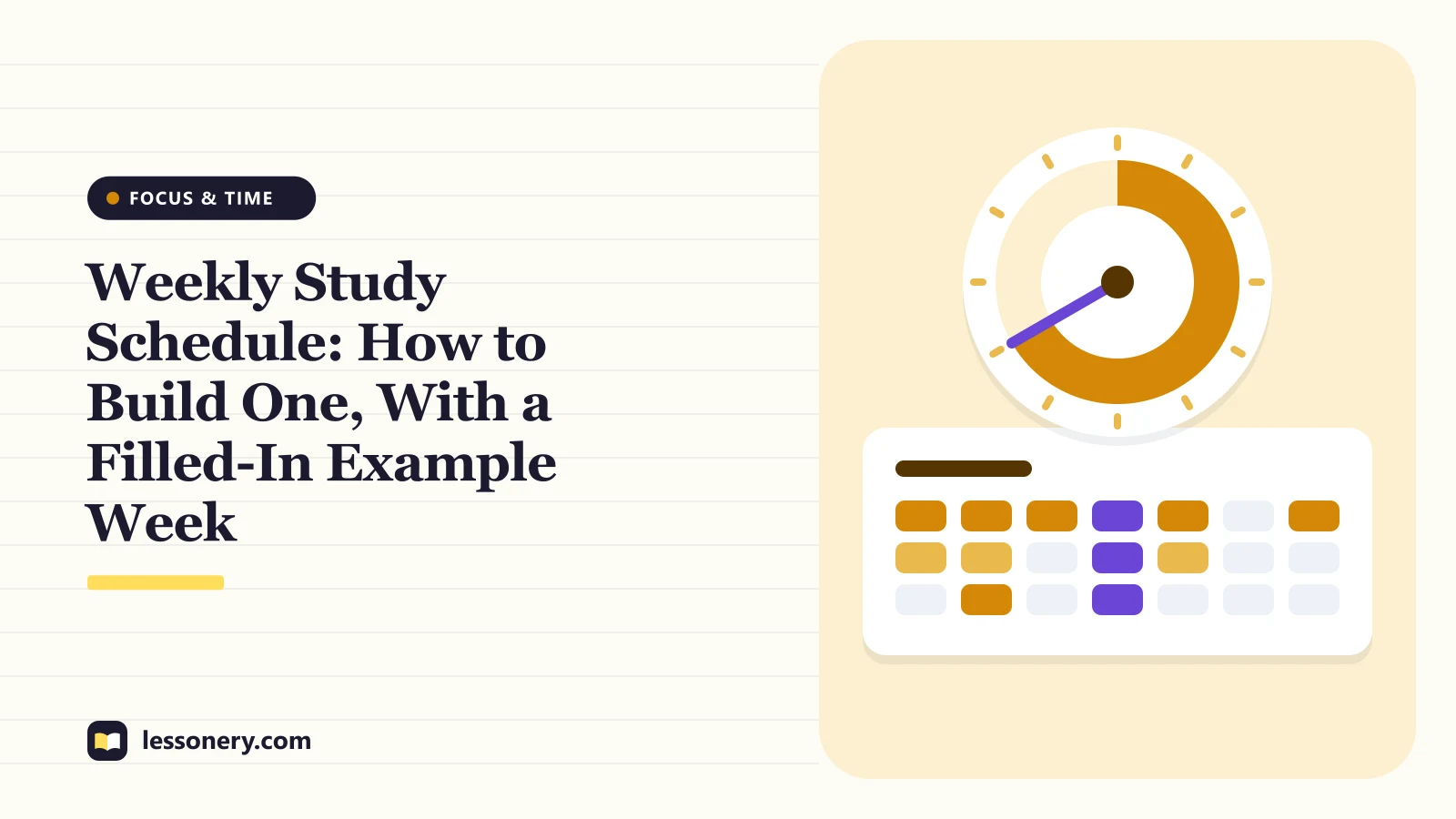 Illustration of a timer dial above a week of study blocks for a guide to building a weekly study schedule